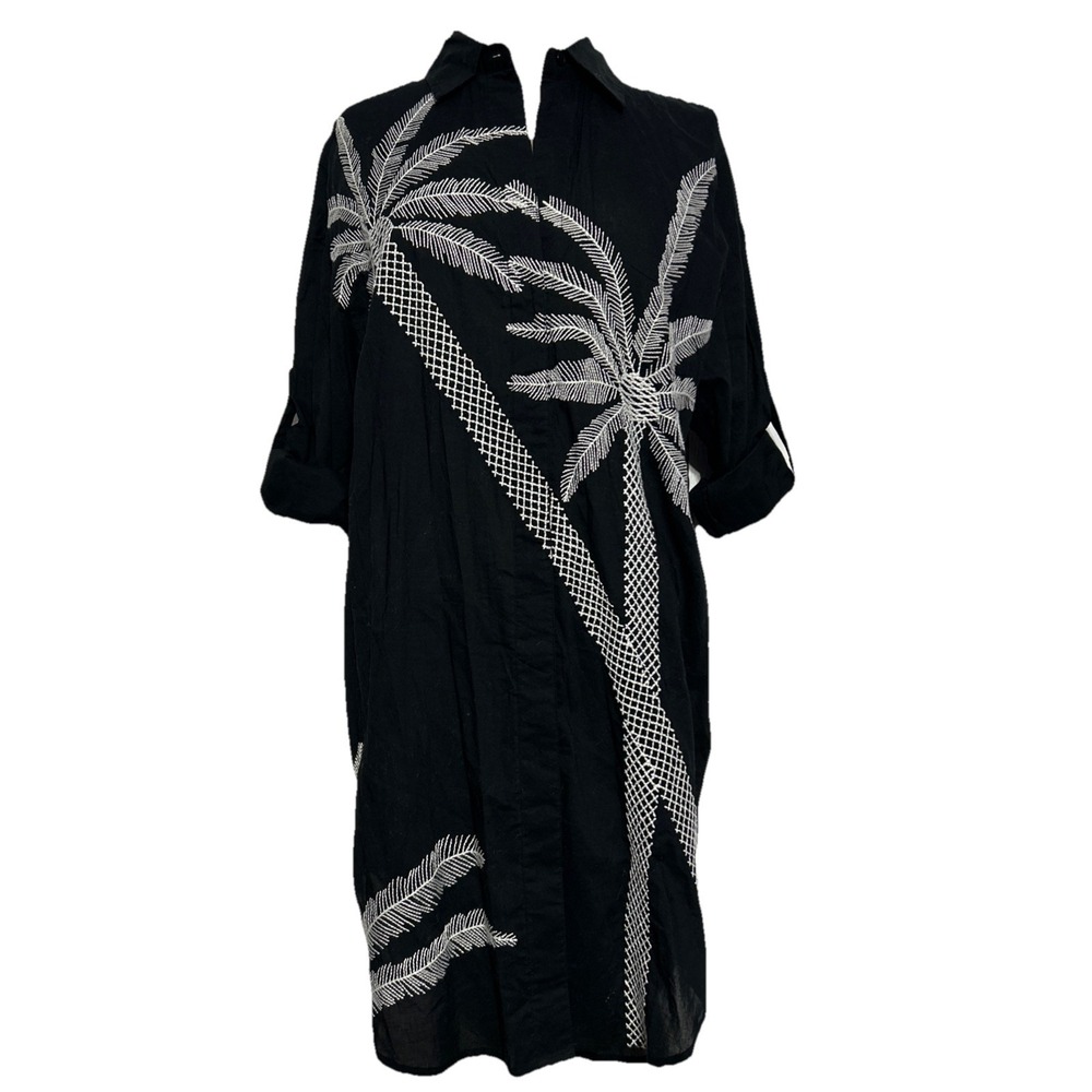 Badgley Mischka Small Tunic Dress Cover Up White Black Palm Tree Embroidered